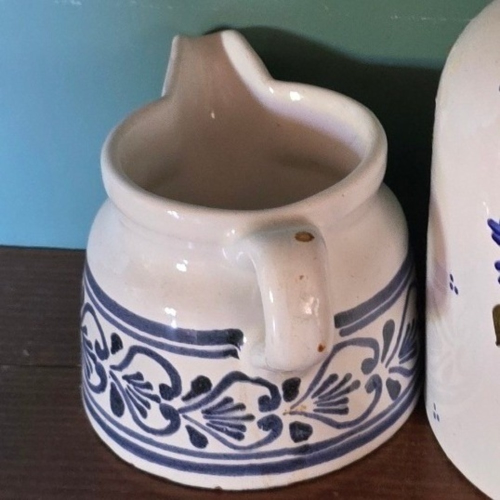 VAROSLOD MAJOLIC glazed pottery Ignac Kun Hungary white & blue ceramic pitcher